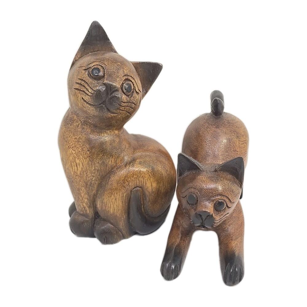 VTG‎ Wooden 9”t Sitting 8"L Playing Cat Sculptures U164